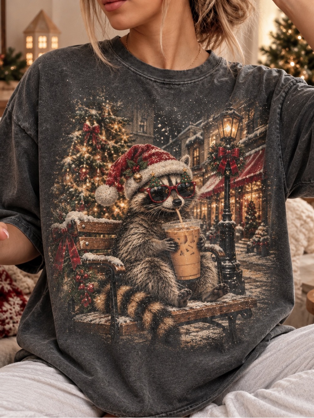 Comfort Colors 1717 Christmas Raccoon Iced Coffee Graphic T-Shirt Pepper NWT